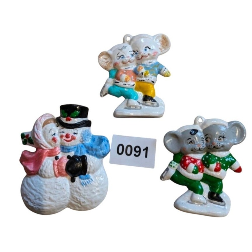 Christmas Ceramic Ornaments Mice‎ Snowman Snowlady lot of three 091